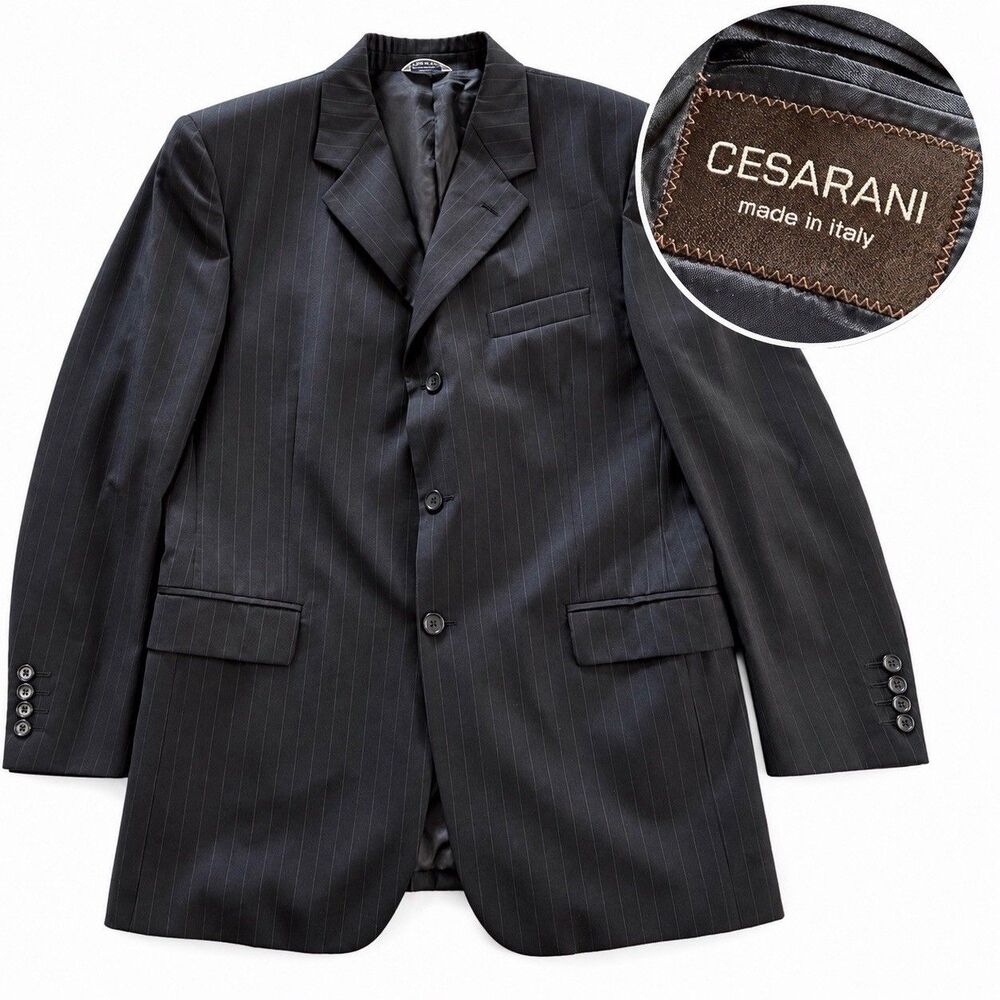Vintage Cesarani Mens 44R Black Pinstripe 100% Wool Blazer 3 Button Made Italy